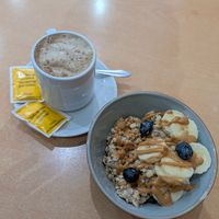 Vegan overnight oats with an almond milk flat white at Dondué in Sao Miguel