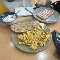 Sourdough, waffle, scrambled eggs  at Dondué in Sao Miguel