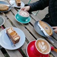 Chai latte, hot chocolate, coffee, fake steak bake, biscoff cake. at FRÂN Las in Llanberis