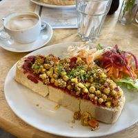 Beetroot hummus and spiced chickpea open sandwich  at Caffe Curva in Hawes