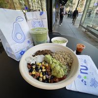 Great meal - Chorizo Fiesta bowl with the Green Power smoothie and an extra side of guacamole with chips  at NuLeaf - Hell's Kitchen in New York City