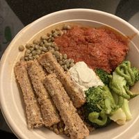 Protein Bowl - “meat”balls, lentils, gremolata farro, tofu ricotta, broccoli, tomato sauce, pesto, 12 grain garlic toast  at NuLeaf - Hell's Kitchen in New York City