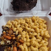 Vegan 3 cheese mac with balsamic veggies and German chocolate cake at Poppies Cafe in Wichita