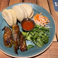 Banh mi buns appetizer (first course) with melt-in-your-mouth eggplant, cilantro and sriracha (we were full after this but it tasted too good to stop eating) at Beach House by Roy Yamaguchi in Kahuku