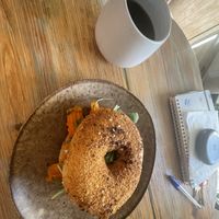 Coffee and bagel 🥯   at Pom Pom Bagels in Lagos