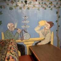 Traditional wall paintings in the inside dining room at CedarLand in Dayton