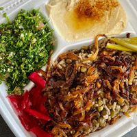 Mjedra Plate - Mjedra (Lebanese lentils and rice), hummus, tabbouleh salad. Comes with pita bread on the side. Soooo good!  at CedarLand in Dayton