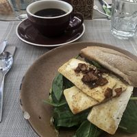 Breakfast sandwich with tofu and coconut bacon.   at Biomio Brunch Ecológico in Sevilla