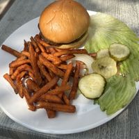 Meatless Burger with Sweet Potatoes Fries  at Skoog's Pub & Grill in Utica