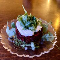 Beetroot tartar with horseradish cream and pea sprouts  at Caféteket in Slagelse
