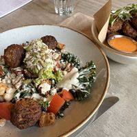 Kale falafel and chickpea salad with cashew sauce. Amazing!!  at Cafe On The Green in Widecombe In The Moor