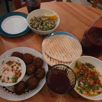 Taboulé, falafel and tahini, humus with mushrooms and onions at Beten Gav in Minsk
