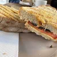 Vegan Sandwich with vegan cheese, tomatoes, oregano and olives at Pimpinelas Coffe Shop Vegetariano in Santa Cruz Madeira
