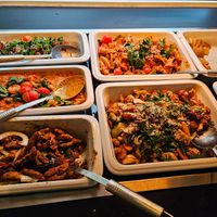 1 of the 3 sections of hot dishes at Sattgrün - Flingern in Dusseldorf