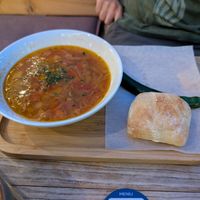 Yum veg soup with a hot chili and bread at La Placinte - Ла Плэчинте in Chisinau