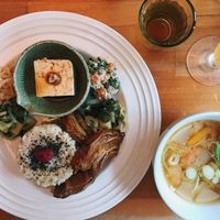 The vegetable set with miso soup and tea  at Cafe Atl in Osaka