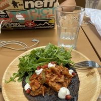 Black beans faina with jackfruit  at La Papa in Barcelona