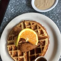 Chicken & wafles with a side of gravy - all ";veganized"; at Downbeat Diner and Lounge in Honolulu