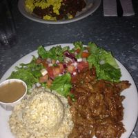 Orange chick'n over brown rice at Downbeat Diner and Lounge in Honolulu