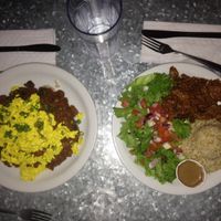 Loco Moco and Orange Chick'n over brown rice at Downbeat Diner and Lounge in Honolulu