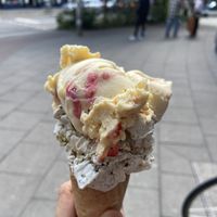 Vegan cone with banana-peanut and strawberry cheezcake ice cream  at Die Eisbande in Hamburg