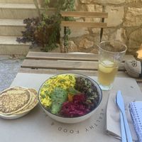 Lifebowl, chickpea bread/pancake , sparkling green tea  at Lifeboxtr in Kas