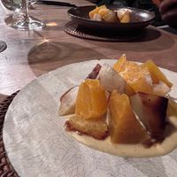 Yellow beets , oranges and sweet potato with a long pepper sauce  at Vegan French Restaurant L'Espéranceレスペランス in Sapporo