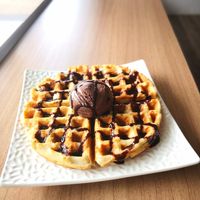 Very yummy waffles with a good level of crisp topped with dark choc ice-cream and drizzled with choc sauce at Loving Nature Fortunate Coffee Cafe in Central Singapore