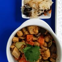 With pickles and main stewed dish at Loving Nature Fortunate Coffee Cafe in Central Singapore