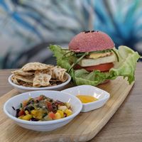 Vegan Tofu Tempeh Beetroot Burger Set at Loving Nature Fortunate Coffee Cafe in Central Singapore