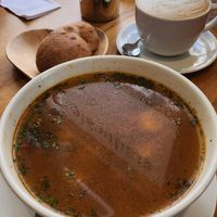 Gemüsesuppe mit Weckle, Milchkaffee mit Sojamilch at Stadtcafé in Biberach