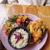 Roti, rice and some salad on the side at Little World Kitchen in Utrecht