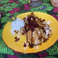 Pancakes: quite tasty with caramelized nuts and baked/cooked fruits. I do prefer fresh fruits though. at Little World Kitchen in Utrecht