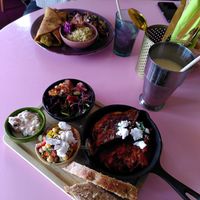 Roti, iced tea, mango lassi, shakshula at Little World Kitchen in Utrecht