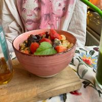 Oatmeal and delicious smoothie (basil in the drink worked surprisingly well)  at Little World Kitchen in Utrecht