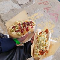 hot dog with seitan (left) and gyros with tzatziki (right) at Handwich in Thessaloniki