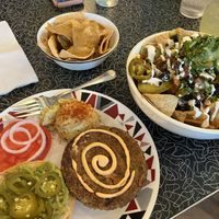   Kids nachos (enjoyed), nacho supreme jr. (big portion), El Paso burger with quinoa patty (hit the spot)  at Spiral Diner & Bakery in Fort Worth