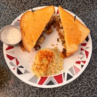 Potato and grilled cheese sandwich with a side of potato salad  at Spiral Diner & Bakery in Fort Worth