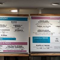 Menu with plant based items, plant leaf at La Casita Pupuseria in Washington