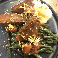 Seared Seitan Steak- with charred green beans, horseradish mashed potatoes-OMG, so good!   at Fancy Plants Kitchen in Chicago