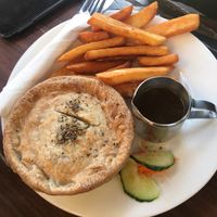 Gluten free curry pie & chips at Shali's Cafe in Montville