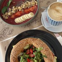 Smoothie Bowl, Cappuccino and Bagel  at Chocolat Cafe Creperie in Naxos