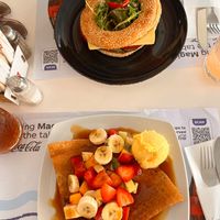 vegan bagel and vegan, gluten free crepe with fruits and sorbet at Chocolat Cafe Creperie in Naxos