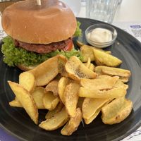 Fries and burger were excellent    at Chocolat Cafe Creperie in Naxos