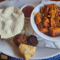 Curry with starter snacks at The Steamboat in Skegness