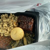 Soul food platter with vegan bbq ribs  at Nanas Kitchen in Chandler