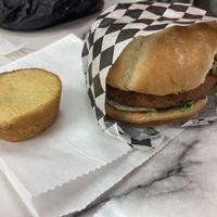 Chickn sandwich and a corn muffin  at Nanas Kitchen in Chandler