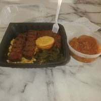 Vegan ribs,greens,Mac and cheese,beans corn bread and peach cobbler at Nanas Kitchen in Chandler