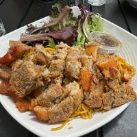 Vegan roast pork belly with garlic noodles  at Banh Mi Up in Portland