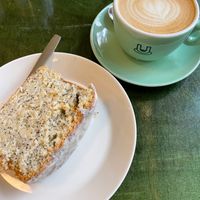 Lemon Poppy Seed Loaf, Oat Milk Cappuccino at Populus Coffee in Berlin